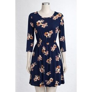 French Grey Floral Mini Dress Women S Navy Blue 3/4 Roll Tab Sleeve